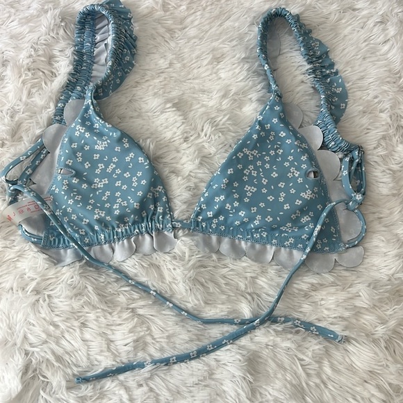 Ditsy Floral Ruffled String Bikini Top Light Blue w White Daisys Adjust - Picture 3 of 4